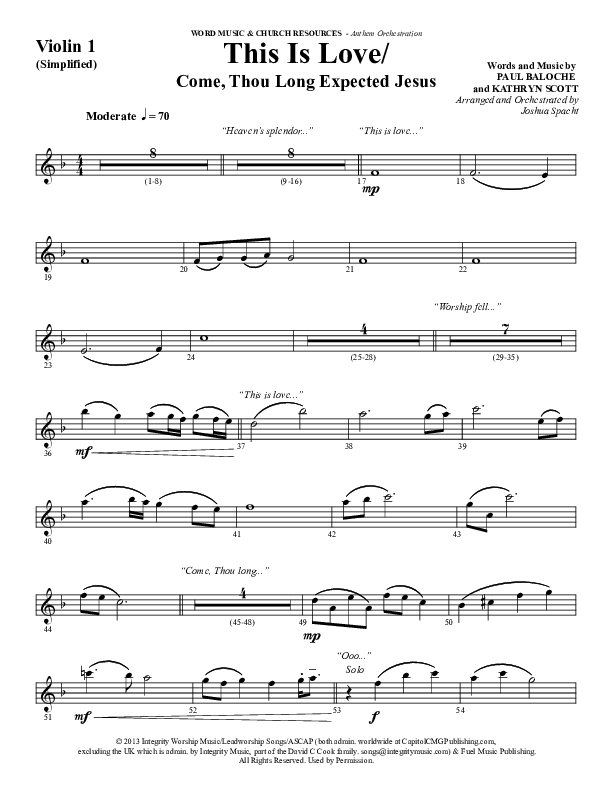 This Is Love (with Come Thou Long Expected Jesus) (Choral Anthem SATB) Violin 1 (Word Music Choral / Arr. Joshua Spacht)