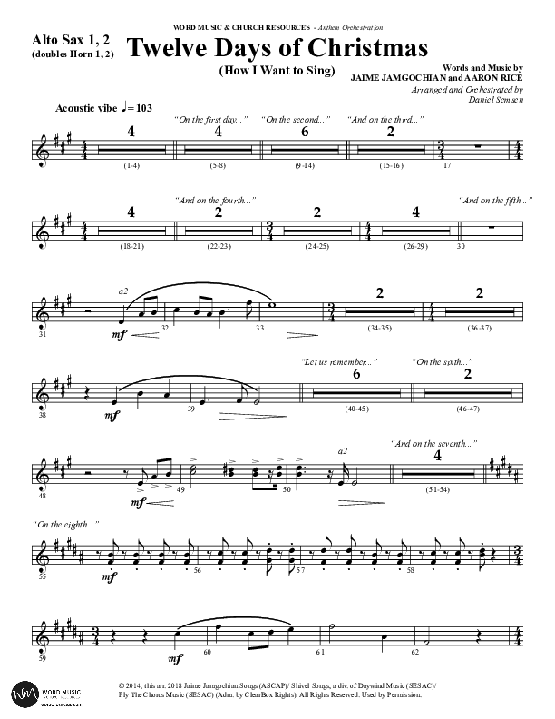 Twelve Days Of Christmas (Choral Anthem SATB) Alto Sax 1/2 (Word Music Choral / Arr. Daniel Semsen)