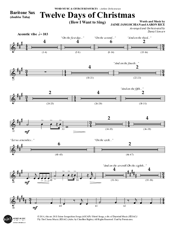 Twelve Days Of Christmas (Choral Anthem SATB) Bari Sax (Word Music Choral / Arr. Daniel Semsen)