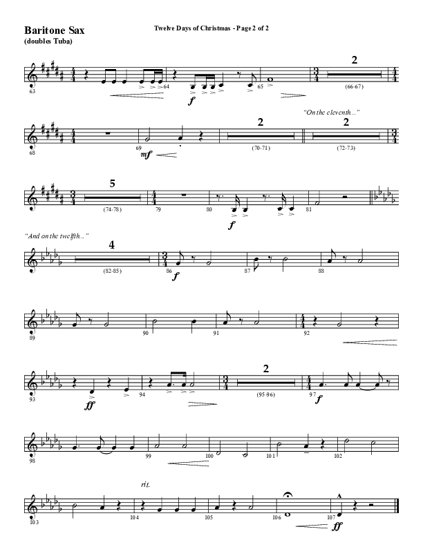 Twelve Days Of Christmas (Choral Anthem SATB) Bari Sax (Word Music Choral / Arr. Daniel Semsen)