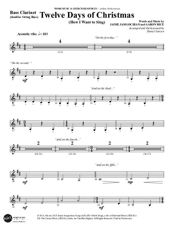 Twelve Days Of Christmas (Choral Anthem SATB) Bass Clarinet (Word Music Choral / Arr. Daniel Semsen)