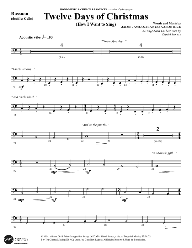 Twelve Days Of Christmas (Choral Anthem SATB) Bassoon (Word Music Choral / Arr. Daniel Semsen)