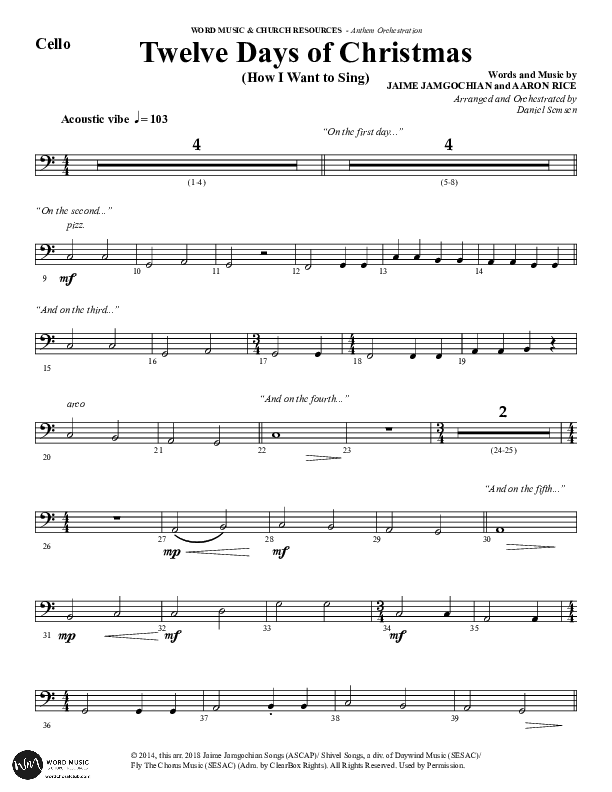 Twelve Days Of Christmas (Choral Anthem SATB) Cello (Word Music Choral / Arr. Daniel Semsen)