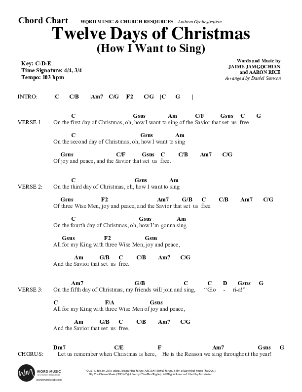Twelve Days Of Christmas (Choral Anthem SATB) Chord Chart (Word Music Choral / Arr. Daniel Semsen)