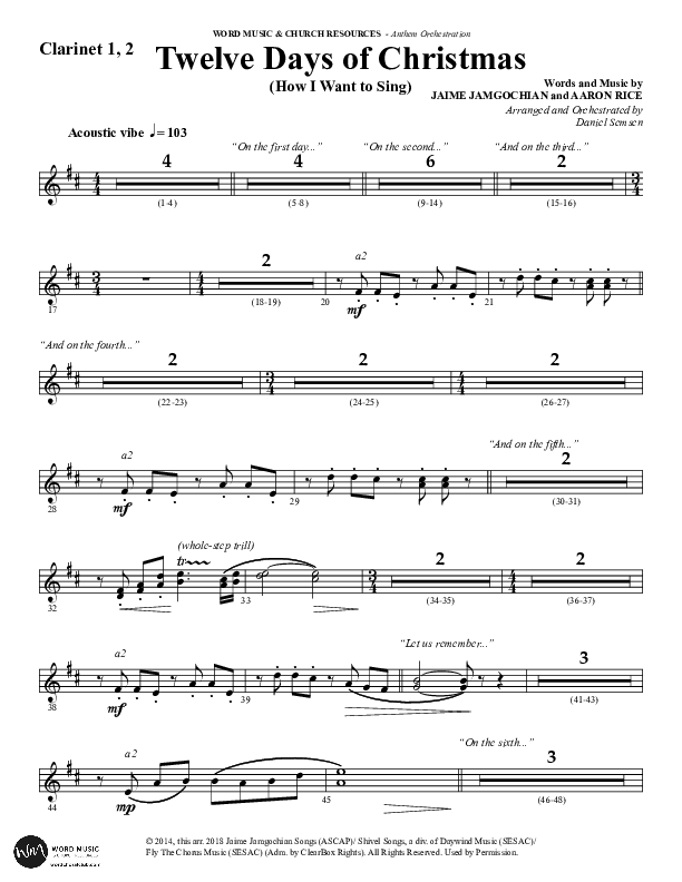 Twelve Days Of Christmas (Choral Anthem SATB) Clarinet 1/2 (Word Music Choral / Arr. Daniel Semsen)