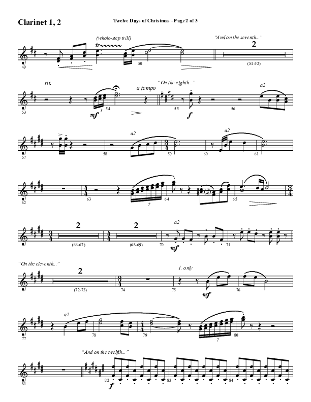 Twelve Days Of Christmas (Choral Anthem SATB) Clarinet 1/2 (Word Music Choral / Arr. Daniel Semsen)
