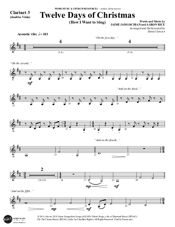 Twelve Days Of Christmas (Choral Anthem SATB) Clarinet 3 (Word Music Choral / Arr. Daniel Semsen)
