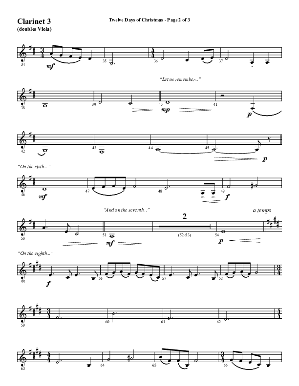 Twelve Days Of Christmas (Choral Anthem SATB) Clarinet 3 (Word Music Choral / Arr. Daniel Semsen)