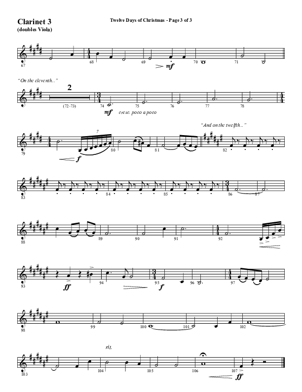 Twelve Days Of Christmas (Choral Anthem SATB) Clarinet 3 (Word Music Choral / Arr. Daniel Semsen)