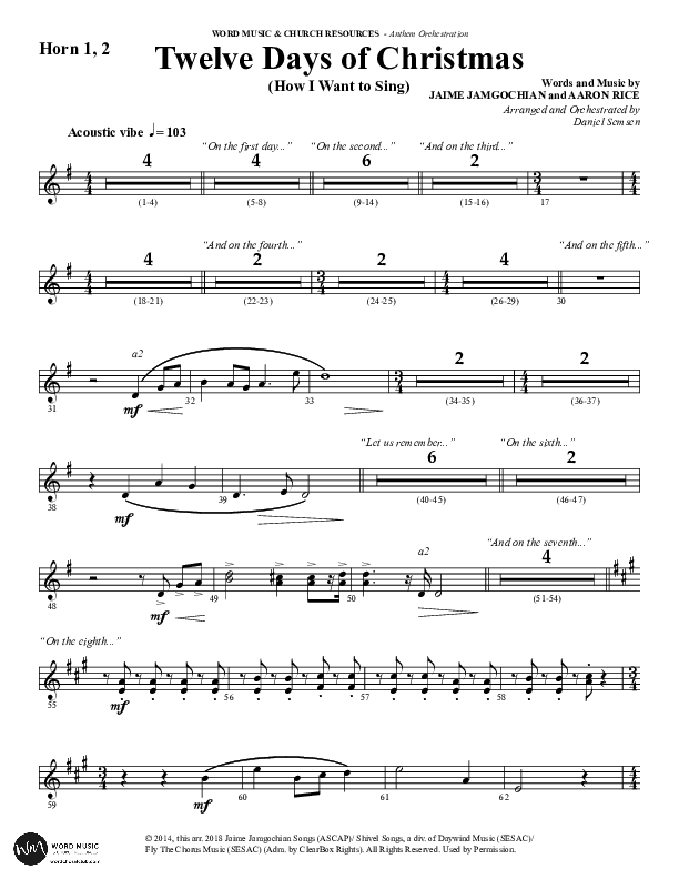 Twelve Days Of Christmas (Choral Anthem SATB) French Horn 1/2 (Word Music Choral / Arr. Daniel Semsen)