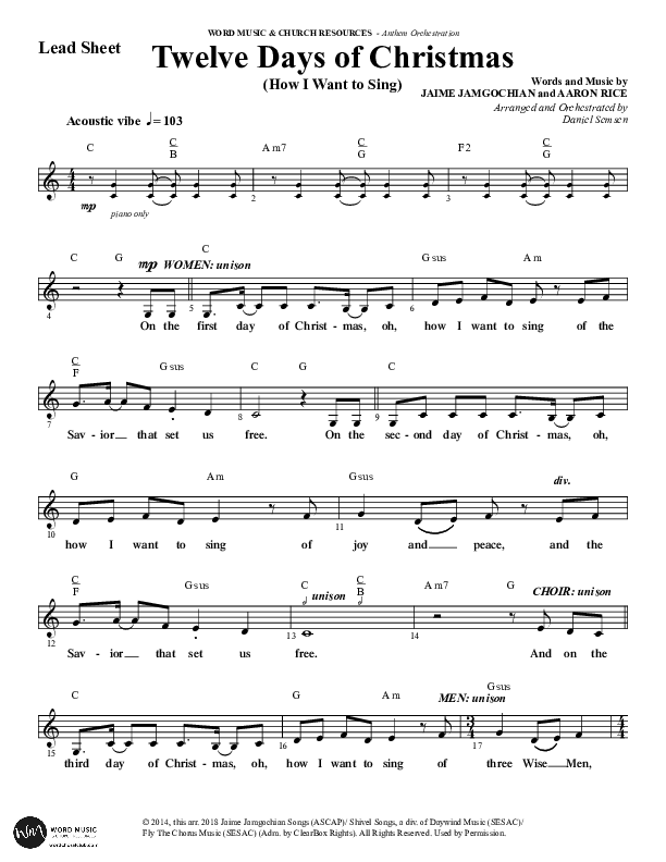 Twelve Days Of Christmas (Choral Anthem SATB) Lead Sheet (Melody) (Word Music Choral / Arr. Daniel Semsen)