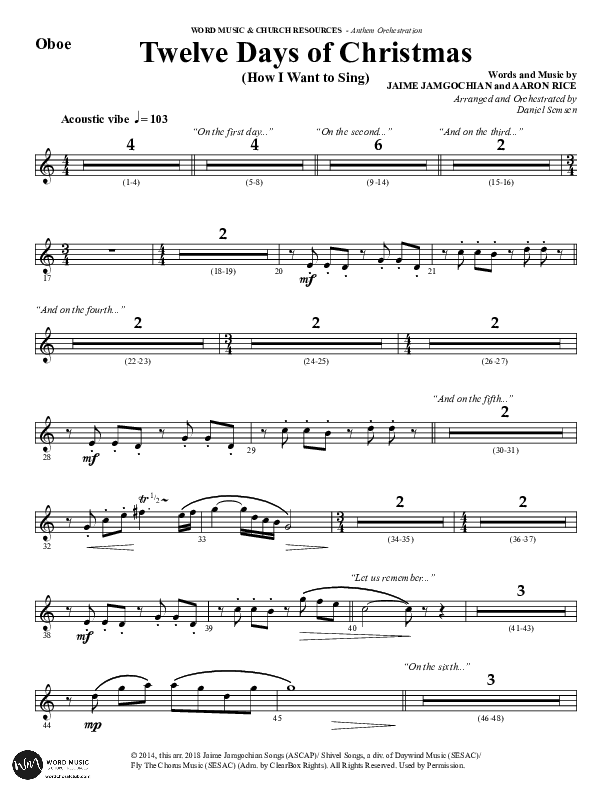 Twelve Days Of Christmas (Choral Anthem SATB) Oboe (Word Music Choral / Arr. Daniel Semsen)