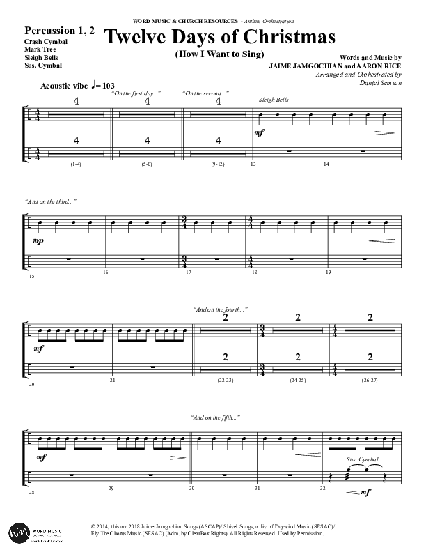 Twelve Days Of Christmas (Choral Anthem SATB) Percussion (Word Music Choral / Arr. Daniel Semsen)