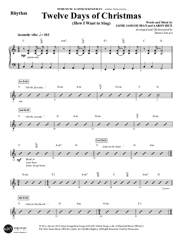 Twelve Days Of Christmas (Choral Anthem SATB) Rhythm Chart (Word Music Choral / Arr. Daniel Semsen)