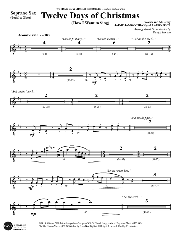 Twelve Days Of Christmas (Choral Anthem SATB) Soprano Sax (Word Music Choral / Arr. Daniel Semsen)