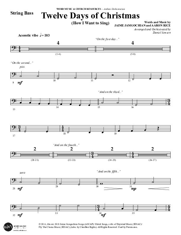 Twelve Days Of Christmas (Choral Anthem SATB) String Bass (Word Music Choral / Arr. Daniel Semsen)
