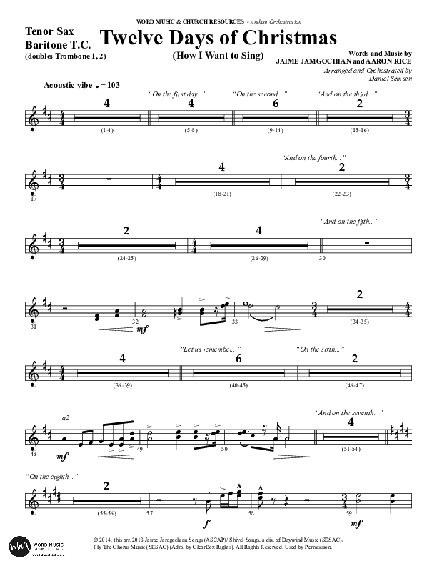 Twelve Days Of Christmas (Choral Anthem SATB) Tenor Sax/Baritone T.C. (Word Music Choral / Arr. Daniel Semsen)