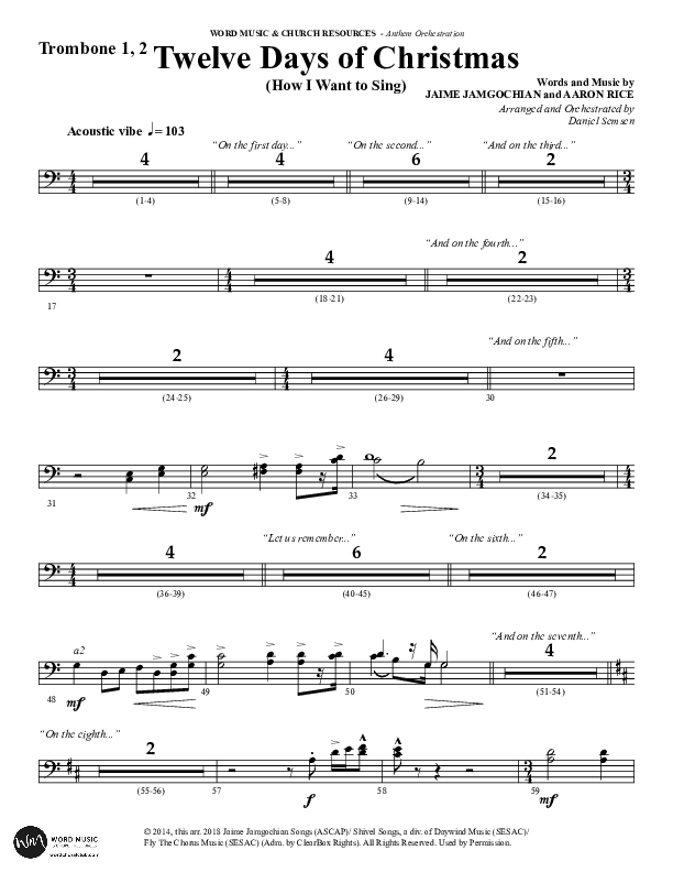 Twelve Days Of Christmas (Choral Anthem SATB) Trombone 1/2 (Word Music Choral / Arr. Daniel Semsen)