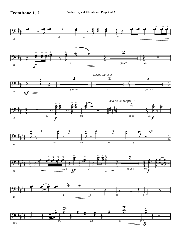 Twelve Days Of Christmas (Choral Anthem SATB) Trombone 1/2 (Word Music Choral / Arr. Daniel Semsen)