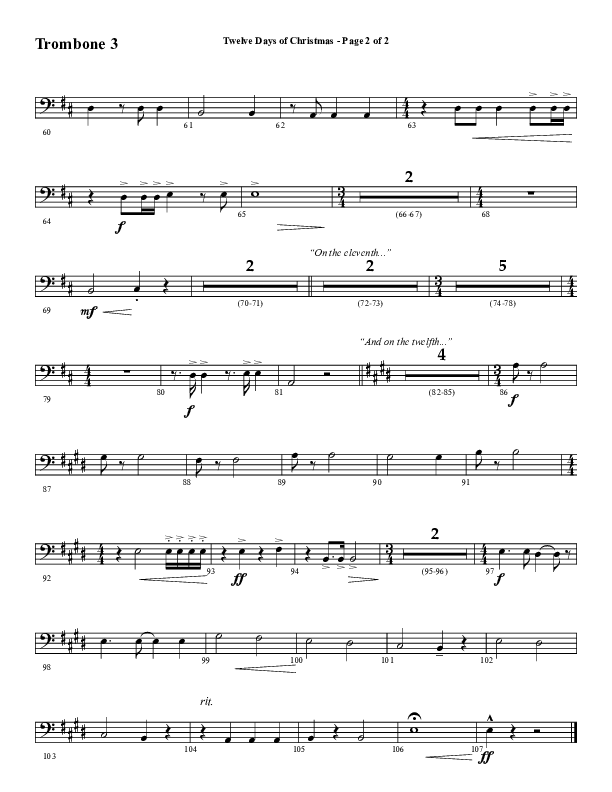 Twelve Days Of Christmas (Choral Anthem SATB) Trombone 3 (Word Music Choral / Arr. Daniel Semsen)