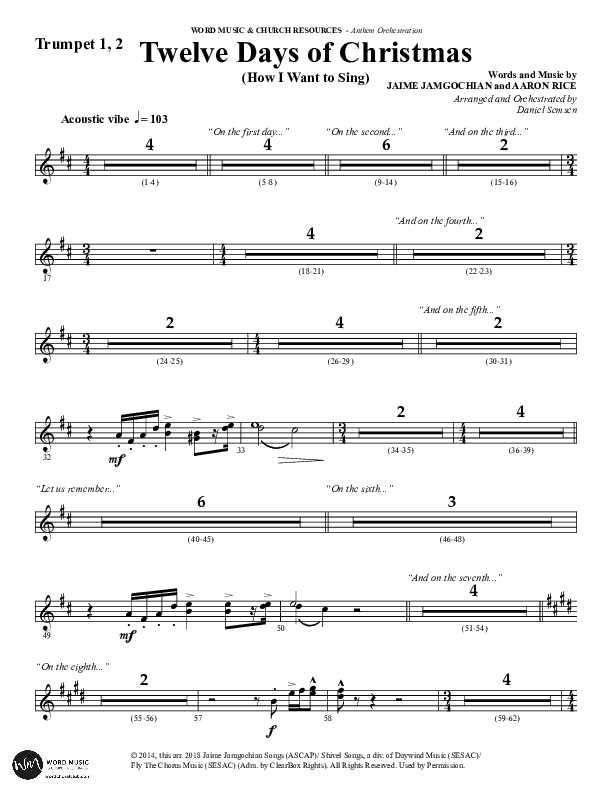 Twelve Days Of Christmas (Choral Anthem SATB) Trumpet 1,2 (Word Music Choral / Arr. Daniel Semsen)