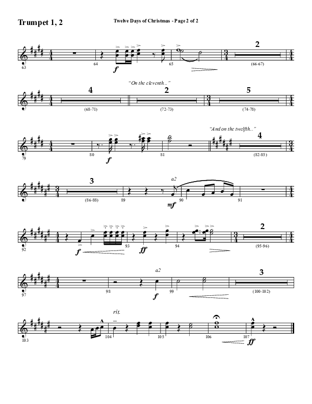 Twelve Days Of Christmas (Choral Anthem SATB) Trumpet 1,2 (Word Music Choral / Arr. Daniel Semsen)