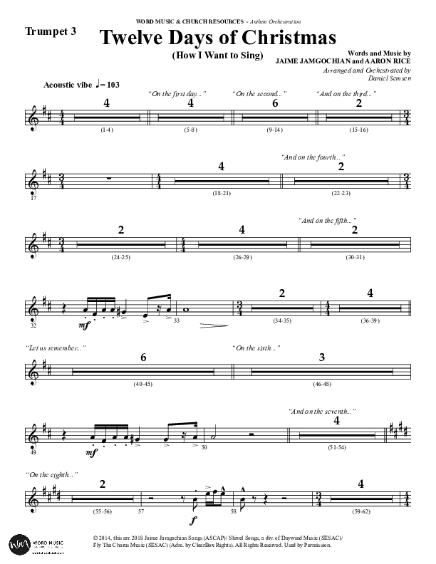 Twelve Days Of Christmas (Choral Anthem SATB) Trumpet 3 (Word Music Choral / Arr. Daniel Semsen)