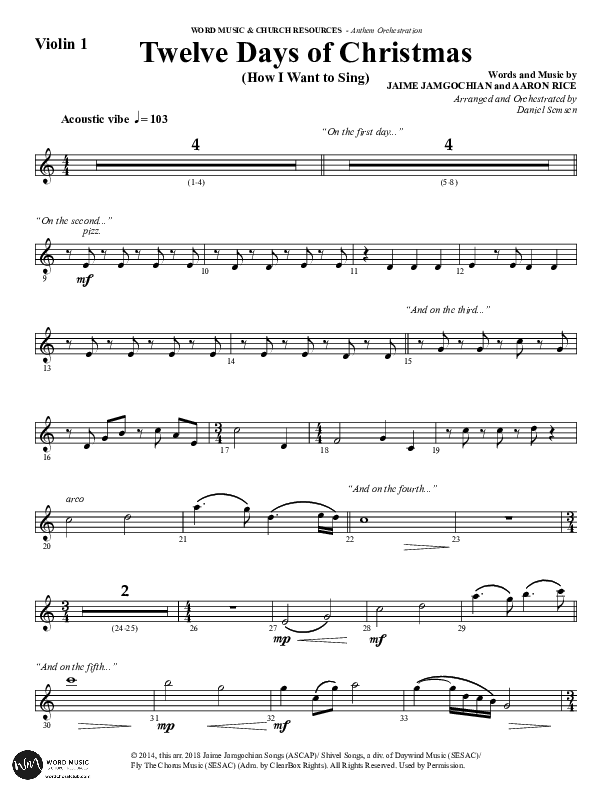 Twelve Days Of Christmas (Choral Anthem SATB) Violin 1 (Word Music Choral / Arr. Daniel Semsen)