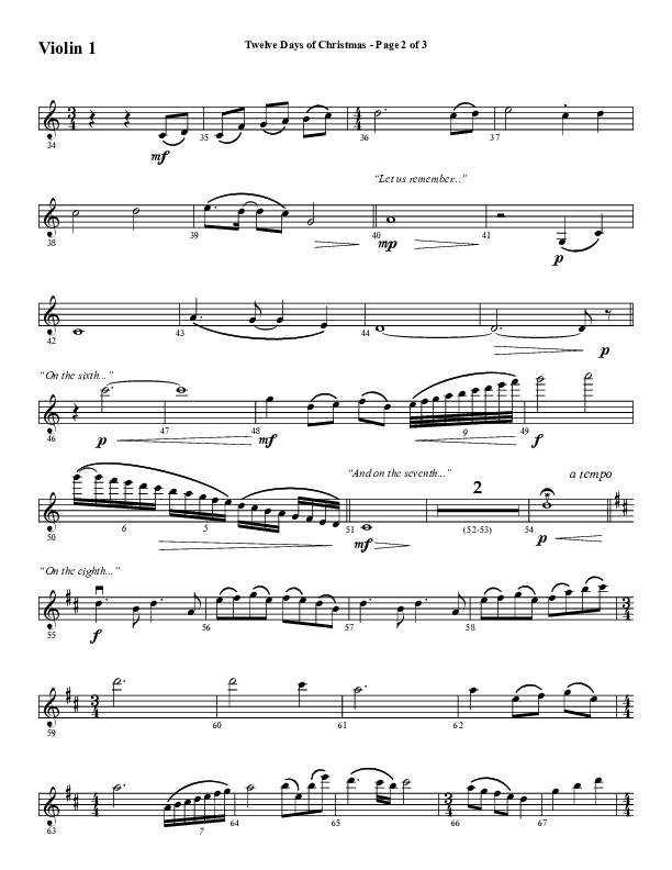 Twelve Days Of Christmas (Choral Anthem SATB) Violin 1 (Word Music Choral / Arr. Daniel Semsen)