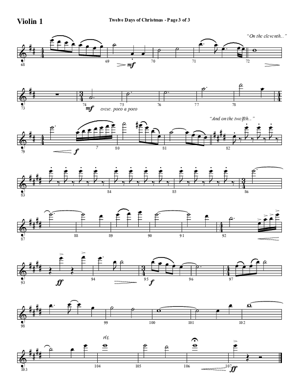 Twelve Days Of Christmas (Choral Anthem SATB) Violin 1 (Word Music Choral / Arr. Daniel Semsen)