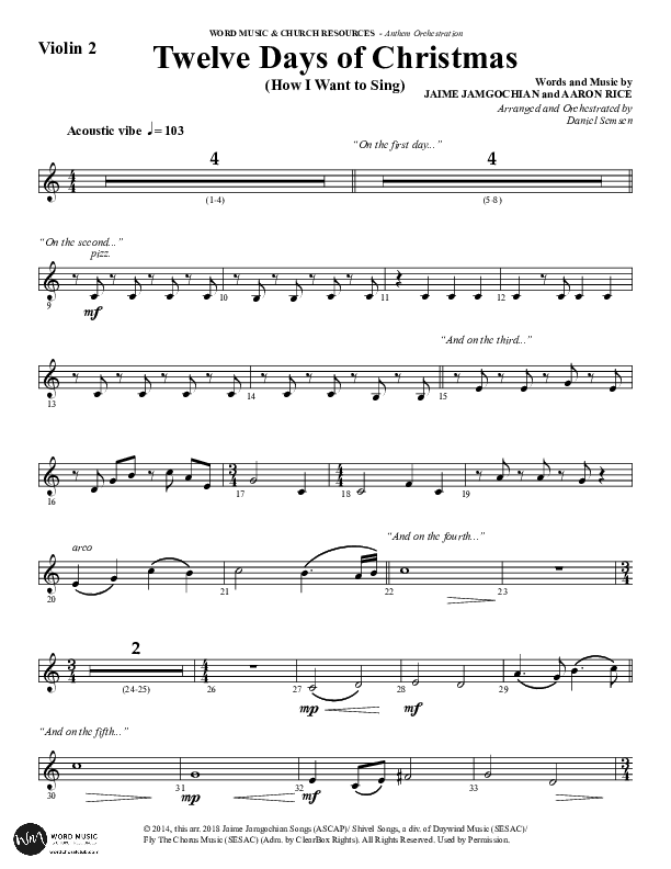 Twelve Days Of Christmas (Choral Anthem SATB) Violin 2 (Word Music Choral / Arr. Daniel Semsen)