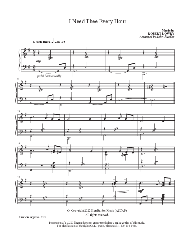 I Need Thee Every Hour  Piano Sheet (Ken Barker)