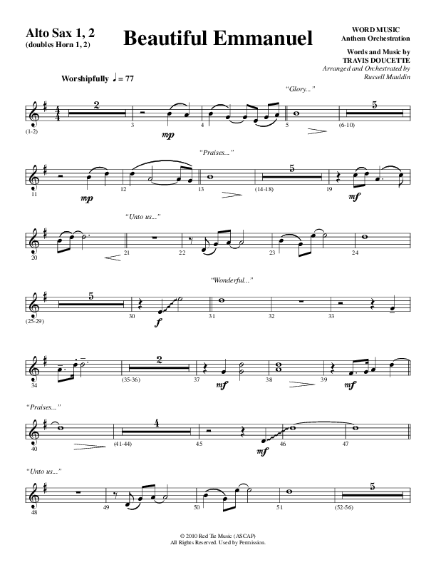 Beautiful Emmanuel (Choral Anthem SATB) Alto Sax 1/2 (Word Music Choral / Arr. Russell Mauldin)