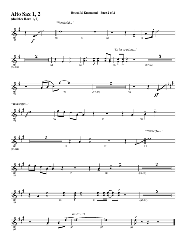 Beautiful Emmanuel (Choral Anthem SATB) Alto Sax 1/2 (Word Music Choral / Arr. Russell Mauldin)