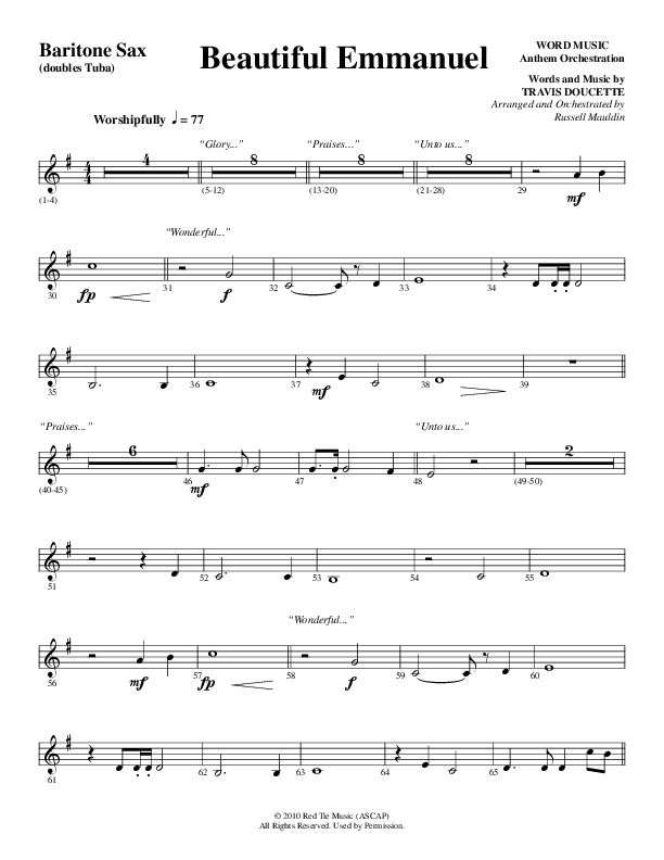 Beautiful Emmanuel (Choral Anthem SATB) Bari Sax (Word Music Choral / Arr. Russell Mauldin)