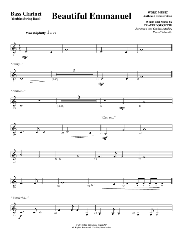 Beautiful Emmanuel (Choral Anthem SATB) Bass Clarinet (Word Music Choral / Arr. Russell Mauldin)