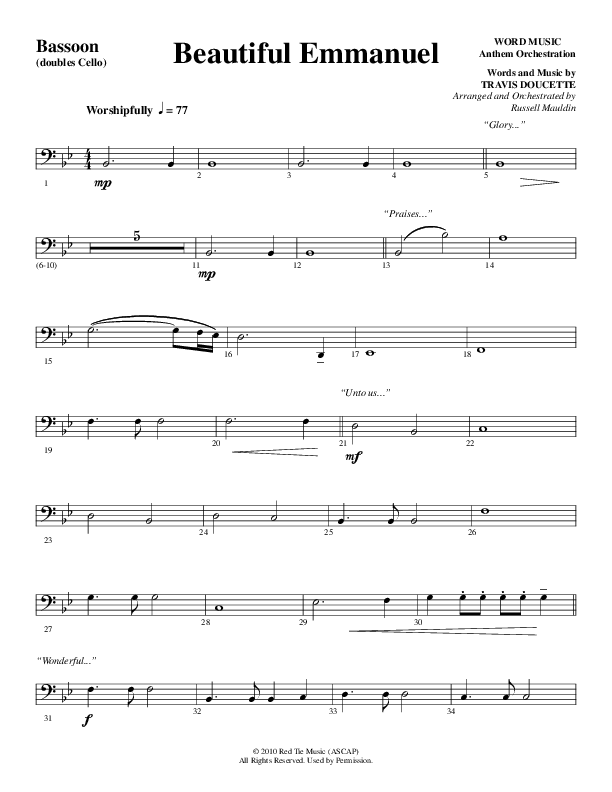 Beautiful Emmanuel (Choral Anthem SATB) Bassoon (Word Music Choral / Arr. Russell Mauldin)