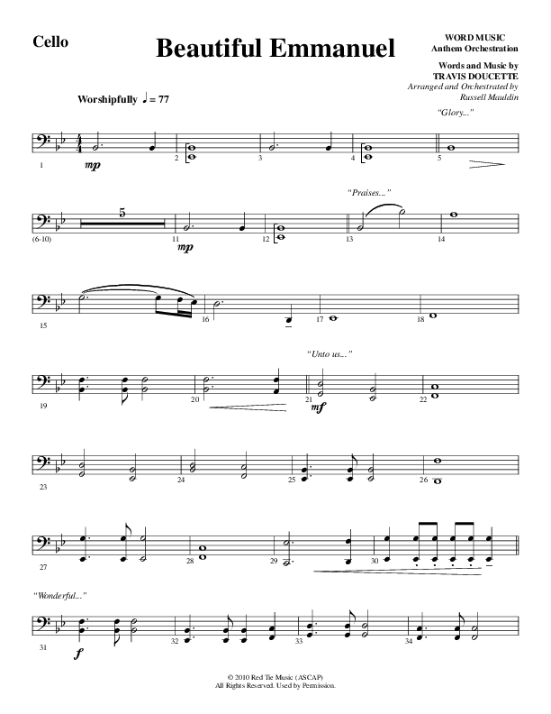 Beautiful Emmanuel (Choral Anthem SATB) Cello (Word Music Choral / Arr. Russell Mauldin)