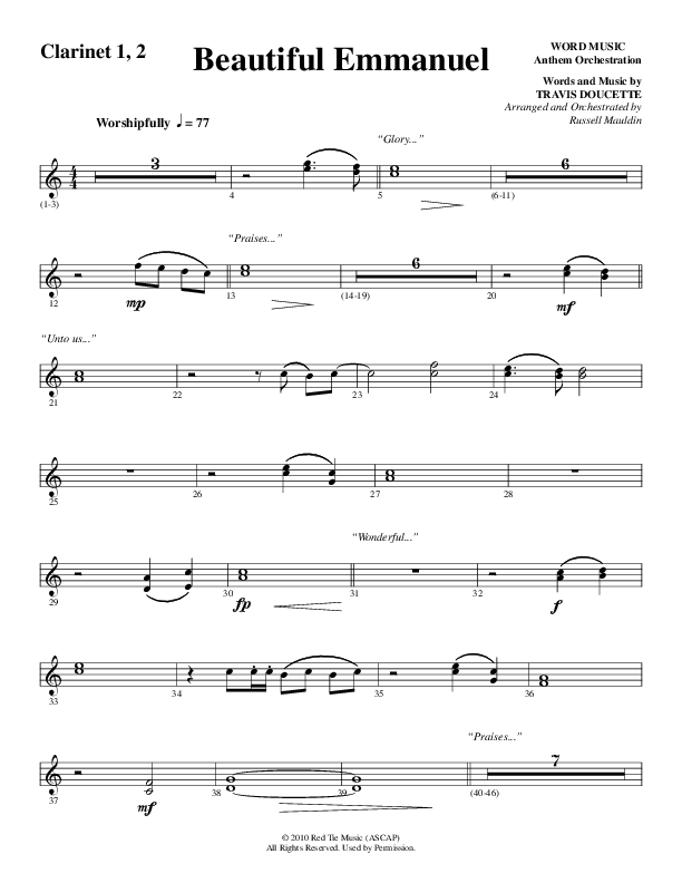 Beautiful Emmanuel (Choral Anthem SATB) Clarinet 1/2 (Word Music Choral / Arr. Russell Mauldin)