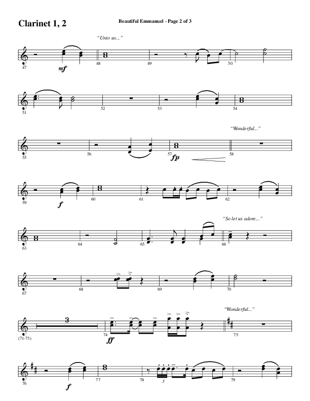Beautiful Emmanuel (Choral Anthem SATB) Clarinet 1/2 (Word Music Choral / Arr. Russell Mauldin)