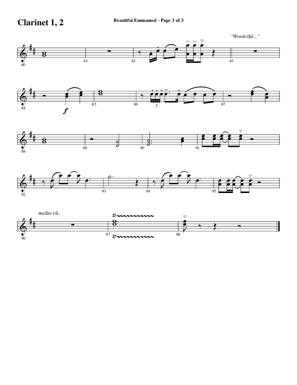 Beautiful Emmanuel (Choral Anthem SATB) Clarinet 1/2 (Word Music Choral / Arr. Russell Mauldin)