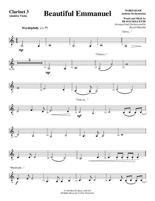 Beautiful Emmanuel (Choral Anthem SATB) Clarinet 3 (Word Music Choral / Arr. Russell Mauldin)