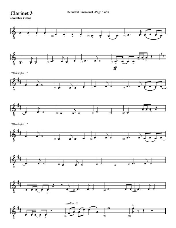 Beautiful Emmanuel (Choral Anthem SATB) Clarinet 3 (Word Music Choral / Arr. Russell Mauldin)
