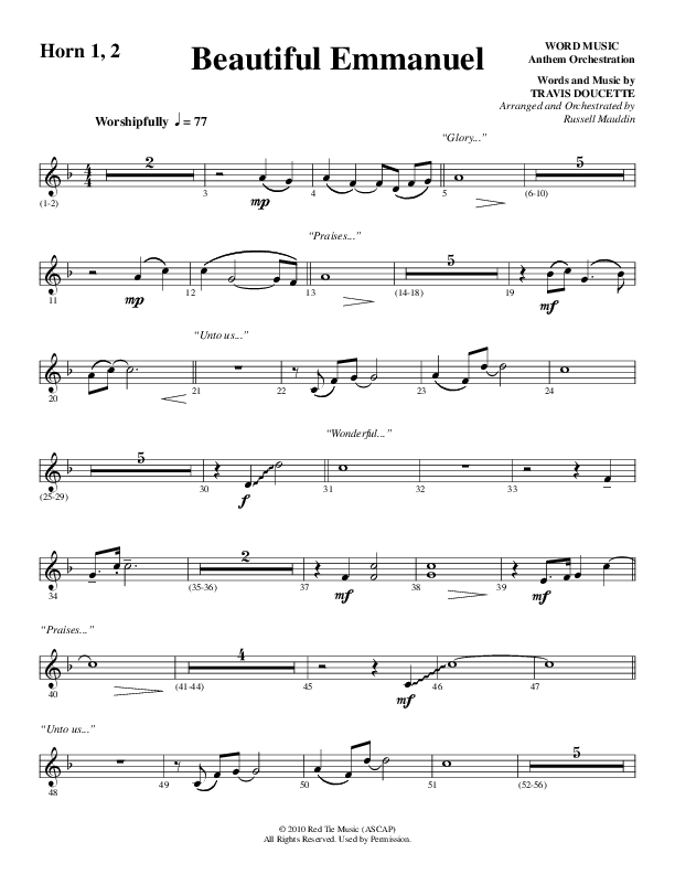Beautiful Emmanuel (Choral Anthem SATB) French Horn 1/2 (Word Music Choral / Arr. Russell Mauldin)