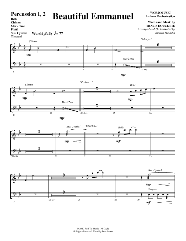 Beautiful Emmanuel (Choral Anthem SATB) Percussion 1/2 (Word Music Choral / Arr. Russell Mauldin)