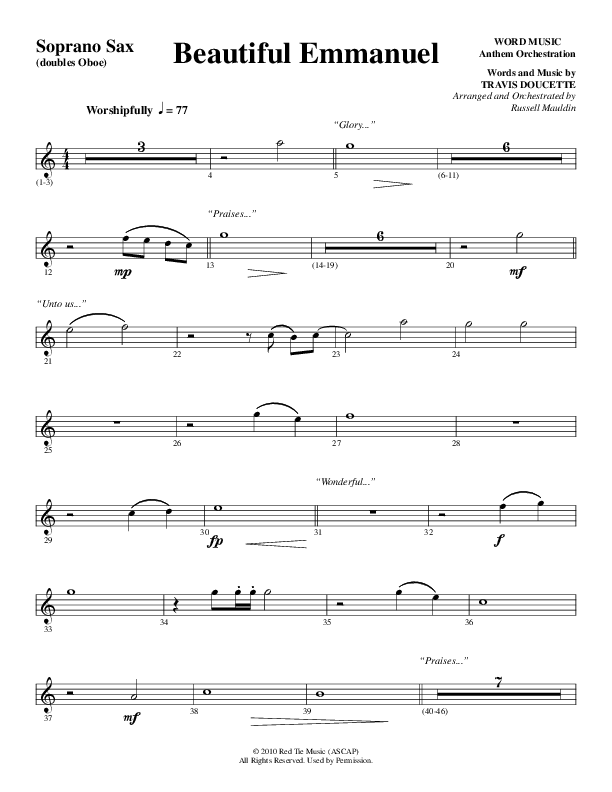 Beautiful Emmanuel (Choral Anthem SATB) Soprano Sax (Word Music Choral / Arr. Russell Mauldin)