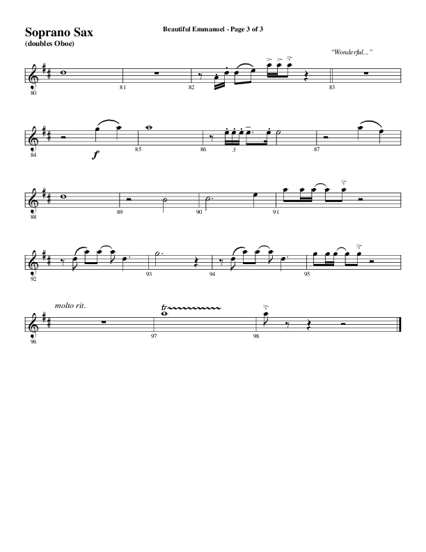 Beautiful Emmanuel (Choral Anthem SATB) Soprano Sax (Word Music Choral / Arr. Russell Mauldin)