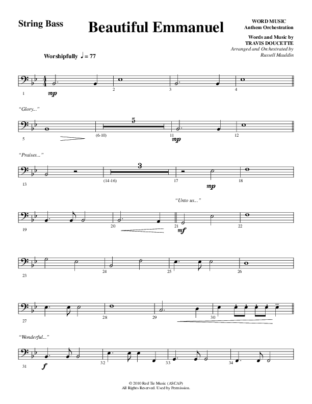 Beautiful Emmanuel (Choral Anthem SATB) String Bass (Word Music Choral / Arr. Russell Mauldin)