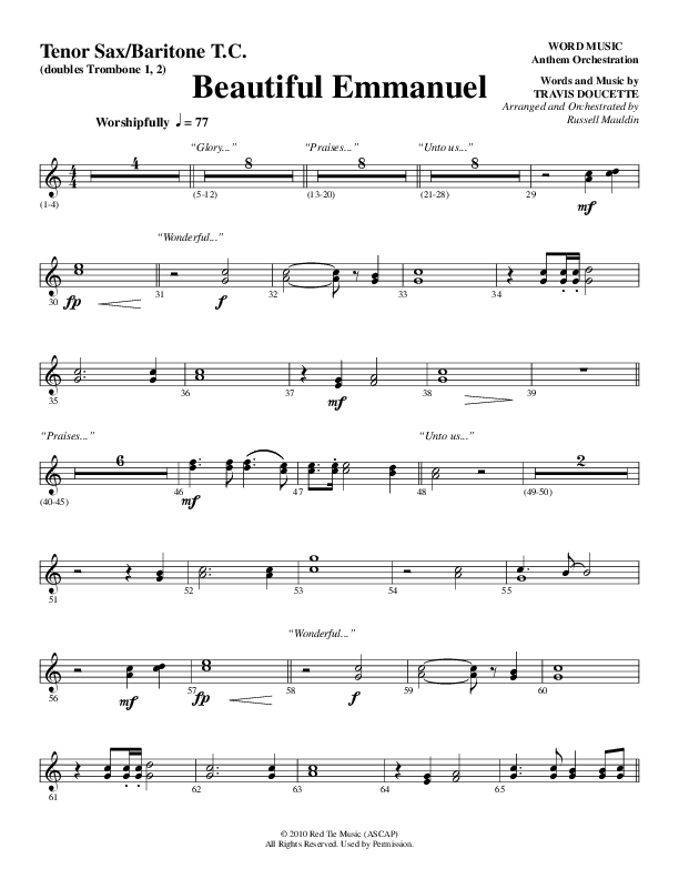 Beautiful Emmanuel (Choral Anthem SATB) Tenor Sax/Baritone T.C. (Word Music Choral / Arr. Russell Mauldin)