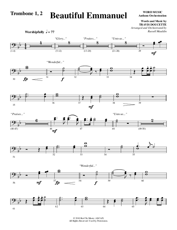 Beautiful Emmanuel (Choral Anthem SATB) Trombone 1/2 (Word Music Choral / Arr. Russell Mauldin)